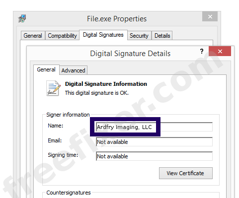 Screenshot of the Ardfry Imaging, LLC certificate